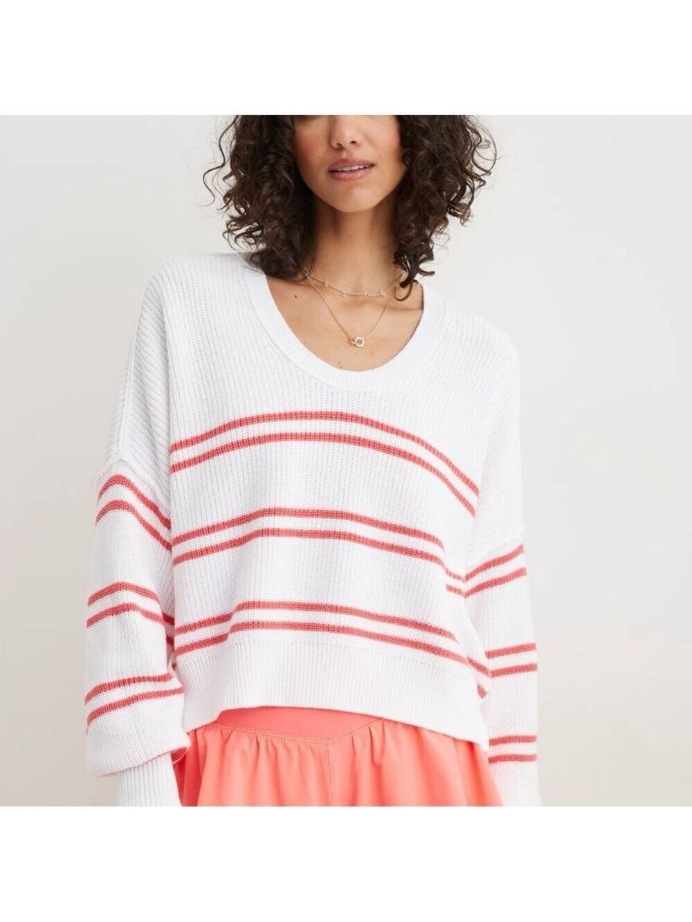 Aerie White and Pink Striped Crew Neck Sweater
